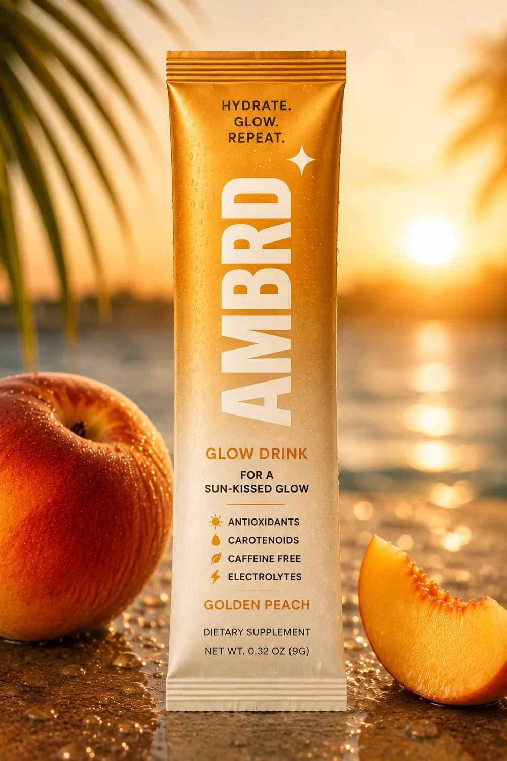 AMBRD Golden Peach single-serve stick pack in matte gold and cream