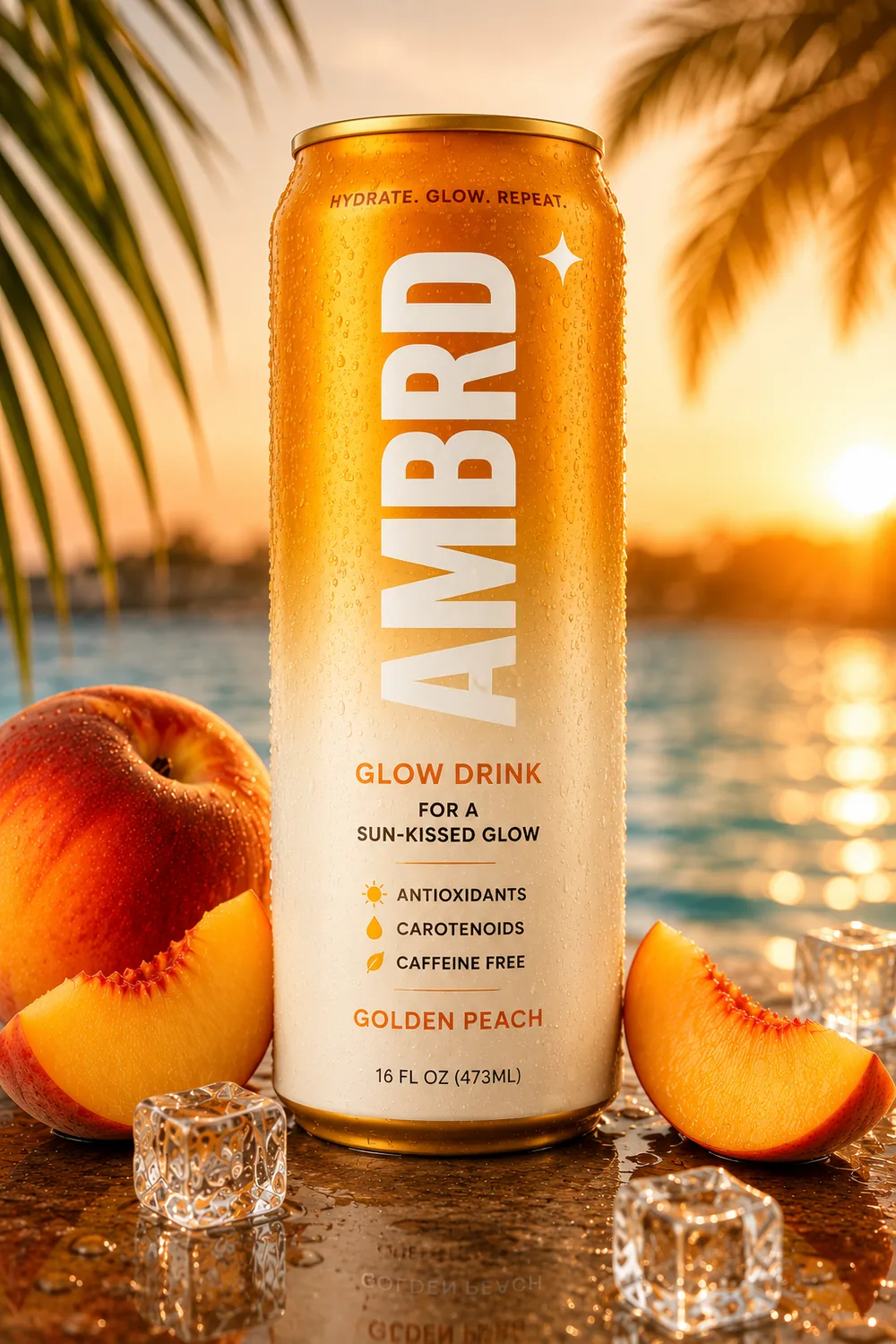 AMBRD Golden Peach 16 fl oz glow drink can in matte gold and cream